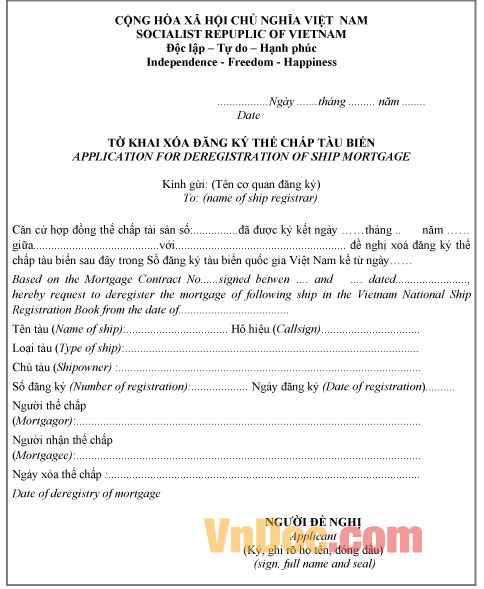 Phụ lục IX: Tờ khai xoá đăng ký thế chấp tàu biển