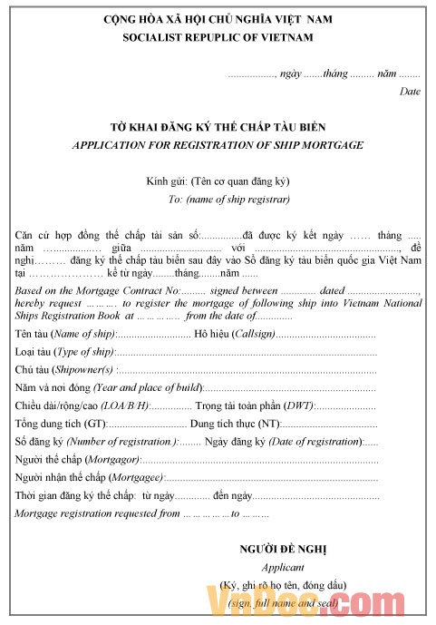 Phụ lục VIII: Tờ khai đăng ký thế chấp tàu biển