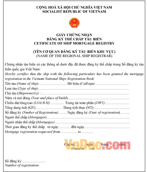 Giấy chứng nhận đăng ký thế chấp tàu biển Phụ lục X: Giấy chứng nhận đăng ký thế chấp tàu biển