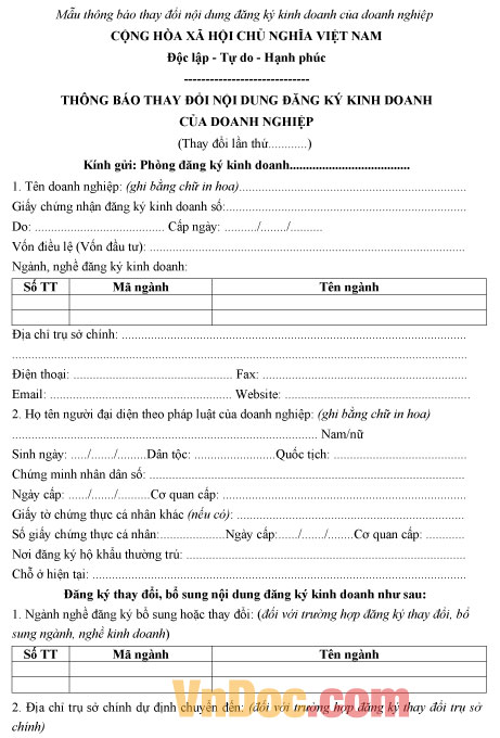 Mẫu thông báo thay đổi nội dung đăng ký kinh doanh của doanh nghiệp