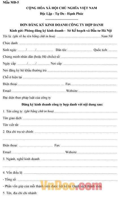 Mẫu đơn đăng ký kinh doanh công ty hợp danh