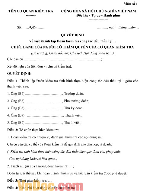 Mẫu kiểm tra công tác đấu thầu