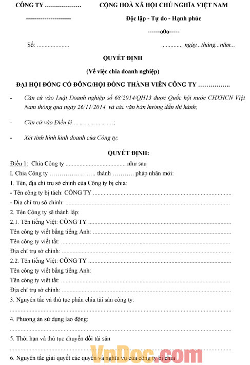 Quyết định chia doanh nghiệp Mẫu quyết định chia doanh nghiệp