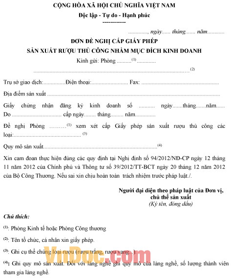 Mẫu đơn đề nghị cấp Giấy phép sản xuất rượu thủ công nhằm mục đích kinh doanh