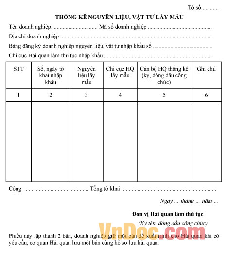 Mẫu thống kê nguyên liệu vật tư lấy mẫu