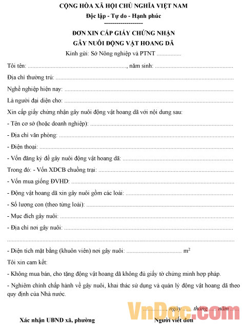 Mẫu đơn xin cấp giấy chứng nhận gây nuôi động vật hoang dã