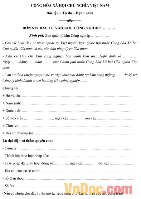 Đơn xin đầu tư vào khu công nghiệp Mẫu đơn xin đầu tư vào khu công nghiệp