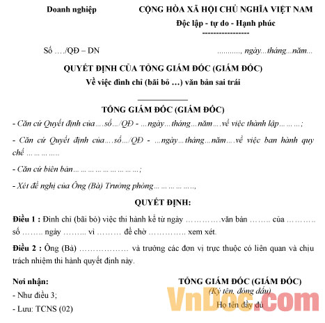 Mẫu quyết định đình chỉ văn bản sai trái của cấp dưới