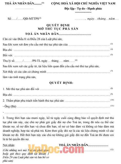 Mẫu quyết định mở thủ tục phá sản