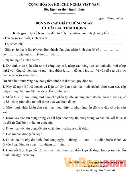 Mẫu đơn xin cấp giấy chứng nhận ưu đãi đầu tư mở rộng
