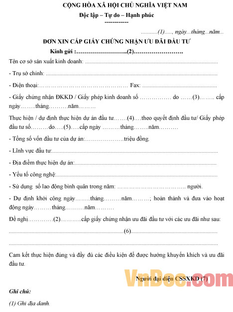 Mẫu đơn xin cấp giấy chứng nhận ưu đãi đầu tư