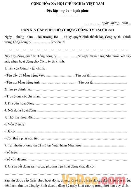 Mẫu đơn xin cấp phép hoạt động công ty tài chính