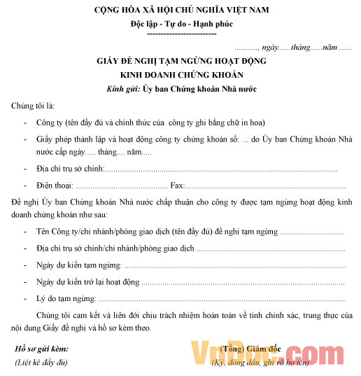 Mẫu giấy đề nghị tạm ngừng hoạt động kinh doanh chứng khoán