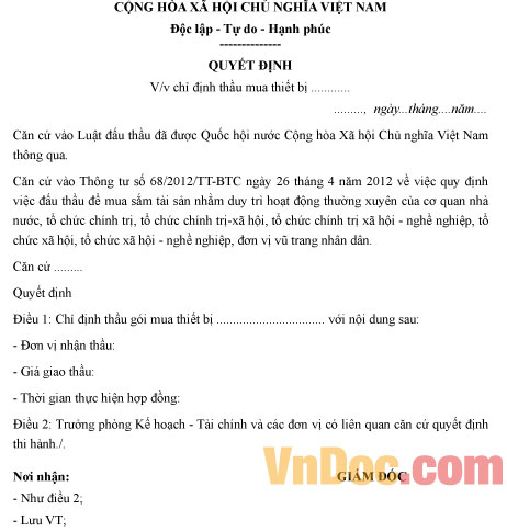 Quyết định chỉ định thầu mua thiết bị Mẫu quyết định chỉ định thầu mua thiết bị