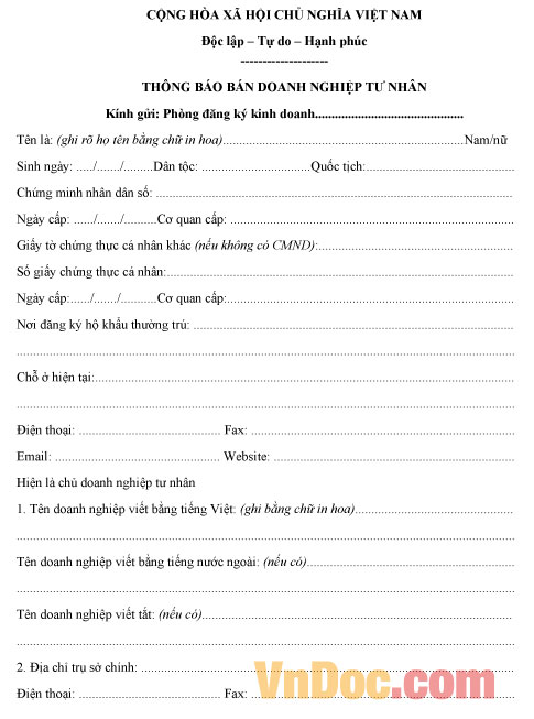 Thông báo bán doanh nghiệp tư nhân Mẫu thông báo bán doanh nghiệp tư nhân