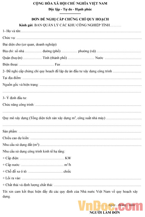 Mẫu đơn đề nghị cấp chứng chỉ quy hoạch