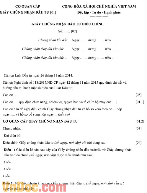 Mẫu giấy chứng nhận đầu tư điều chỉnh
