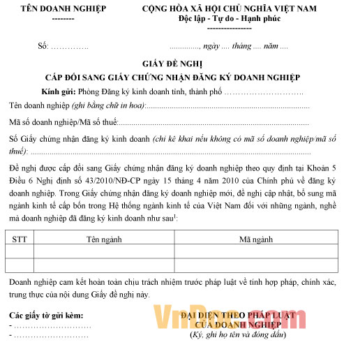 Mẫu giấy đề nghị cấp đổi sang giấy chứng nhận đăng ký doanh nghiệp