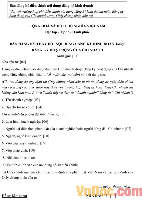 Mẫu bản đăng ký điều chỉnh nội dung đăng ký kinh doanh