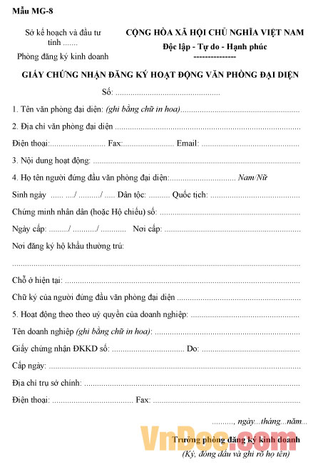 Mẫu giấy chứng nhận đăng ký hoạt động văn phòng đại diện