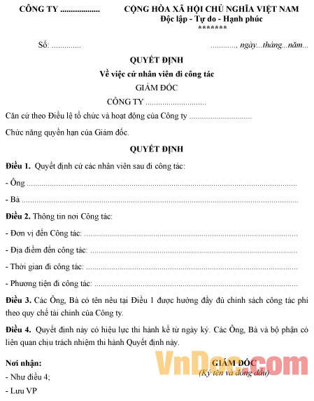 Mẫu quyết định về việc cử nhân viên đi công tác