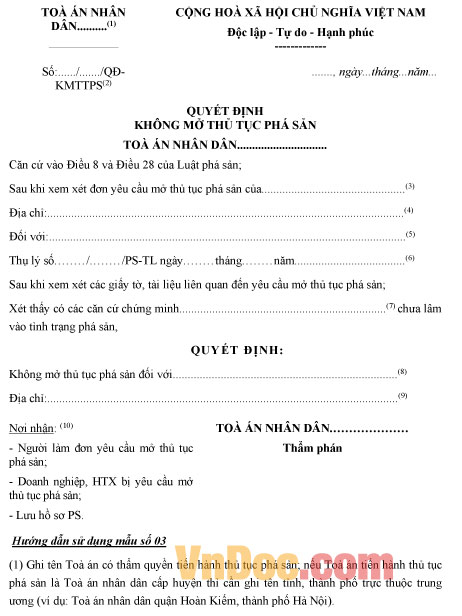 Mẫu quyết định không mở thủ tục phá sản