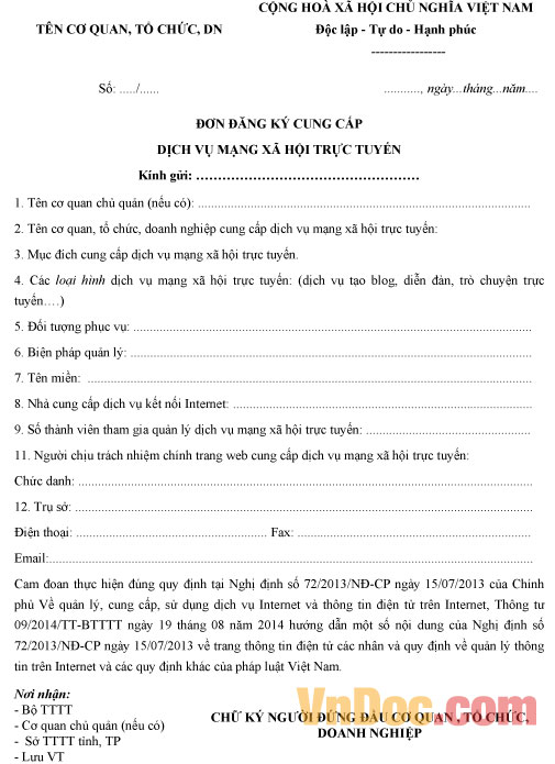 Mẫu đơn xin cấp phép hoạt động mạng xã hội trực tuyến