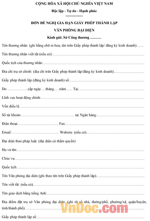 Đơn xin gia hạn giấy phép hoạt động văn phòng đại diện Mẫu đơn xin gia hạn giấy phép hoạt động văn phòng đại diện