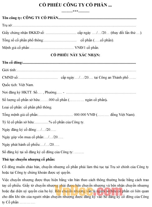 Mẫu cổ phiếu do công ty cổ phần phát hành