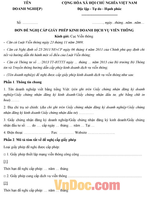 Mẫu đơn đề nghị cấp giấy phép kinh doanh dịch vụ viễn thông