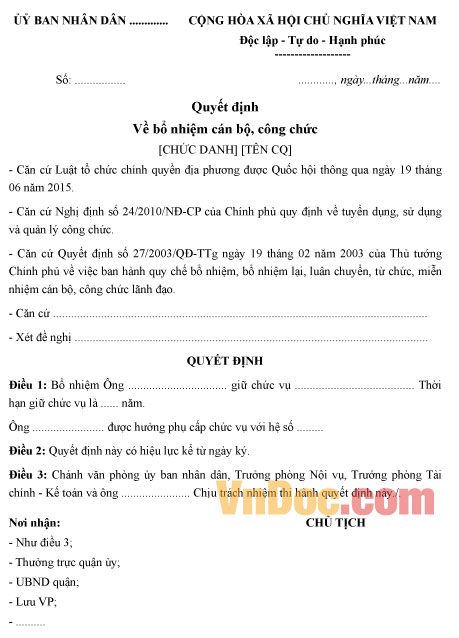 Mẫu quyết định về bổ nhiệm cán bộ, công chức