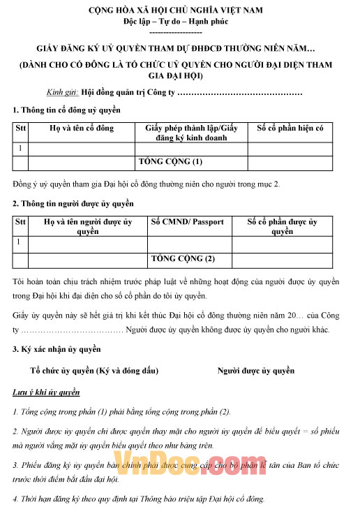 Mẫu giấy đăng ký ủy quyền tham dự đại hội đồng cổ đông thường niên