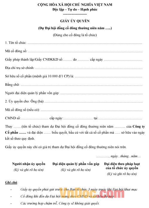 Mẫu giấy ủy quyền tham dự đại hội đồng cổ đông