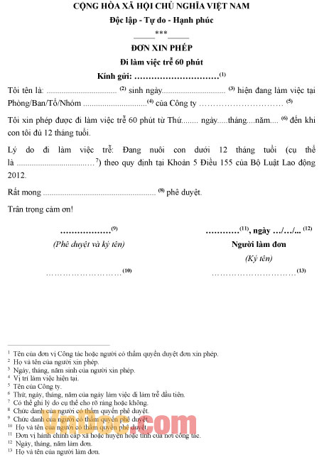 Đơn xin phép đi làm trễ Mẫu đơn xin phép đi làm trễ