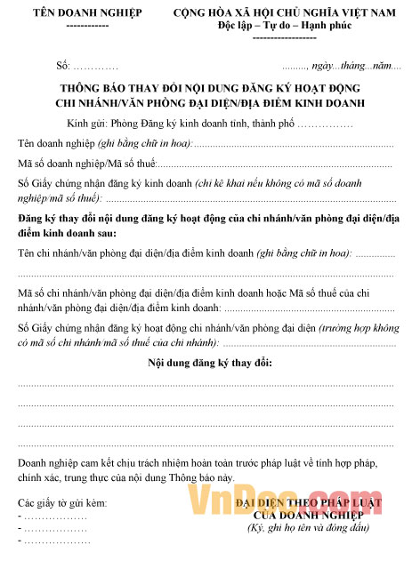 Mẫu thông báo thay đổi đăng ký hoạt động tại một điểm kinh doanh