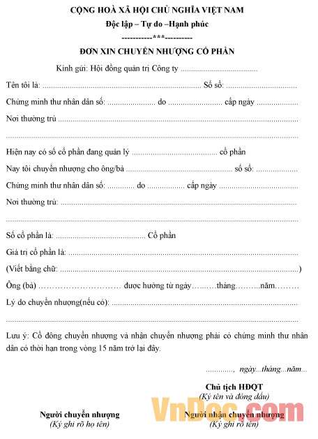 Mẫu đơn xin chuyển nhượng cổ phần