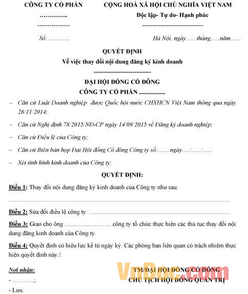 Quyết định của Đại hội đồng cổ đông Mẫu quyết định của Đại hội đồng cổ đông