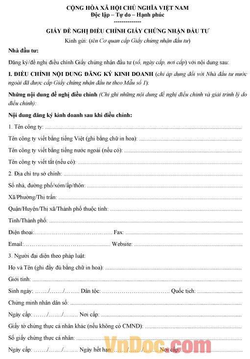 Văn bản đề nghị điều chỉnh giấy chứng nhận đầu tư Mẫu văn bản đề nghị điều chỉnh giấy chứng nhận đầu tư