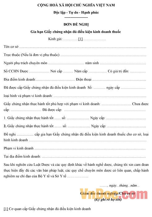 Mẫu đề nghị gia hạn Giấy chứng nhận đủ điều kiện kinh doanh thuốc