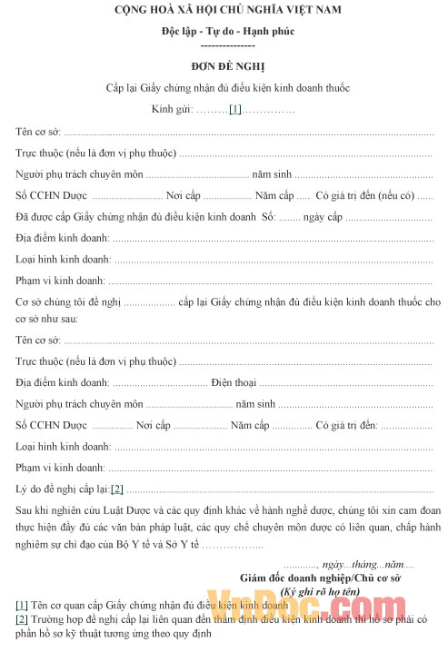 Mẫu đơn đề nghị cấp lại Giấy chứng nhận đủ điều kiện kinh doanh thuốc