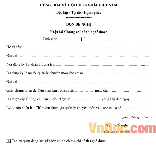 Mẫu đơn đề nghị nhận lại chứng chỉ hành nghề dược