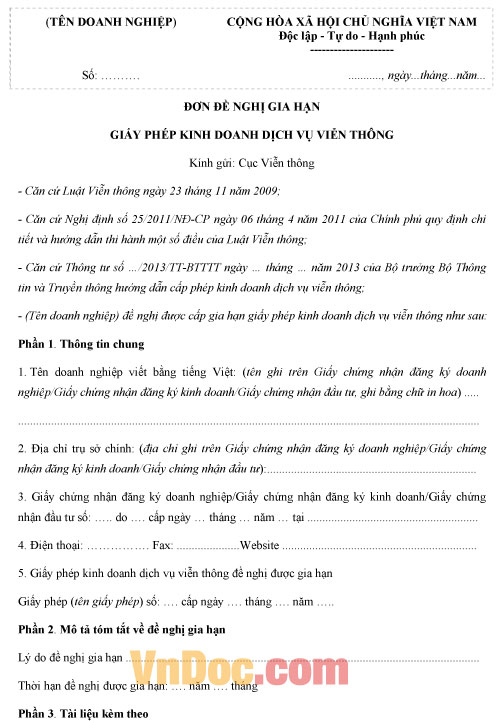 Mẫu đơn đề nghị gia hạn giấy phép kinh doanh dịch vụ viễn thông