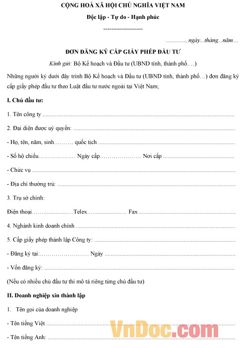 Đơn đăng ký cấp phép đầu tư Mẫu đơn đăng ký cấp phép đầu tư