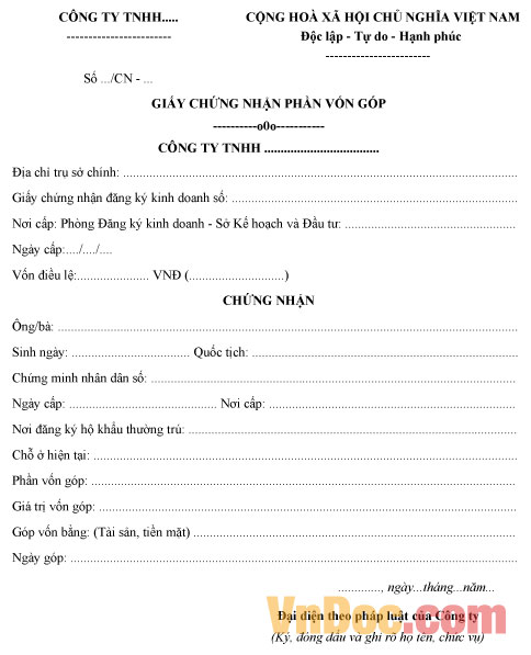 Mẫu giấy chứng nhận phần vốn góp