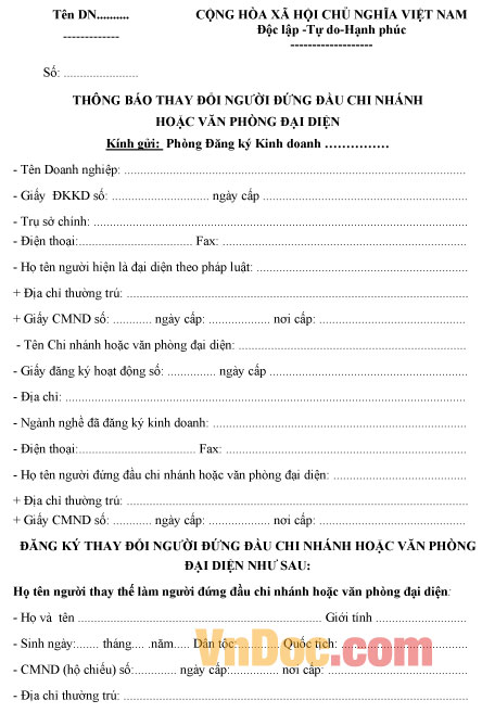 Mẫu thông báo thay đổi người đứng đầu chi nhánh hoặc văn phòng đại diện