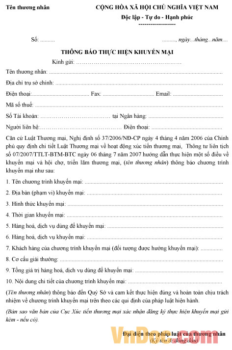 Thông báo thực hiện khuyến mại Mẫu thông báo thực hiện khuyến mại