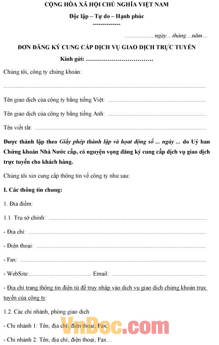 Đơn đăng ký cung cấp dịch vụ giao dịch trực tuyến Mẫu đơn đăng ký cung cấp dịch vụ giao dịch trực tuyến