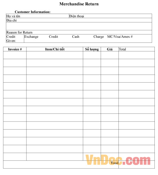 Mẫu hoàn trả hàng - Tiếng Anh
