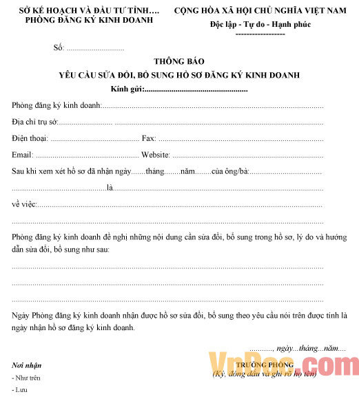 Mẫu thông báo yêu cầu sửa đổi, bổ sung hồ sơ đăng ký kinh doanh