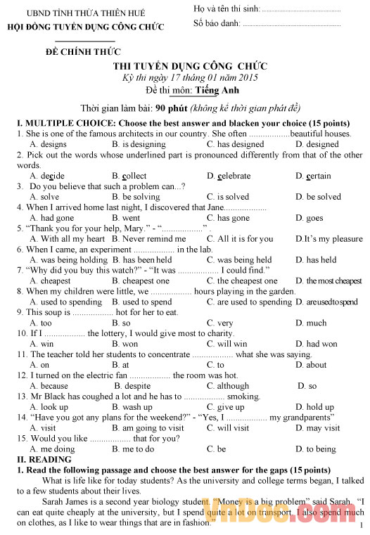 Đề thi tuyển dụng công chức môn Tiếng Anh